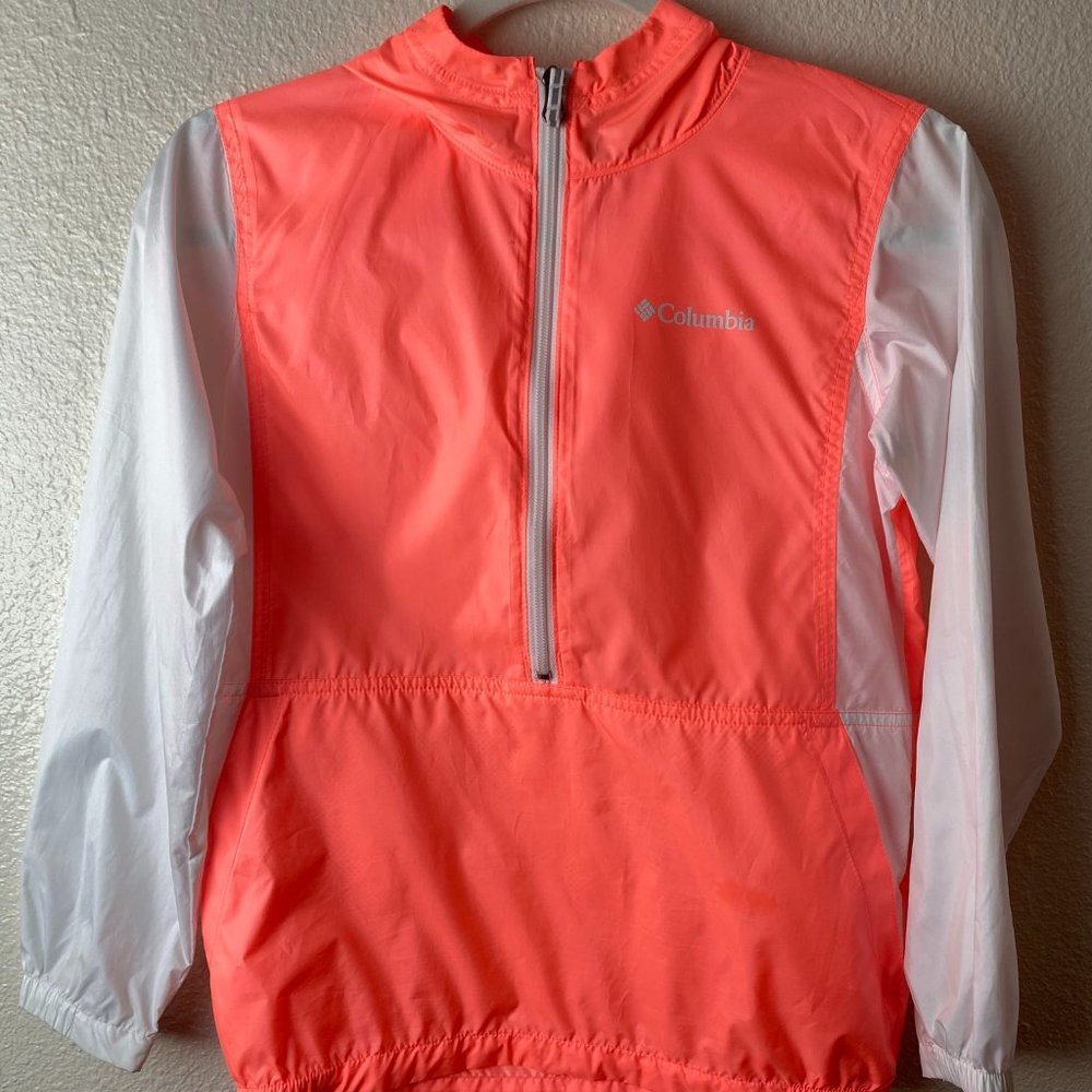 COLUMBIA Hooded Windbreaker Girl’s size M Coral White 1/2 Zip Lightweight